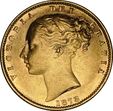1873 Gold Sovereign - Victoria Young Head Shield Back- London