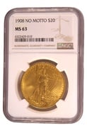 1908 $20 Double Eagle St Gaudens Gold coin Philadelphia no motto NGC MS63