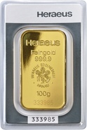 Heraeus 100 Gram Gold Bullion Bar