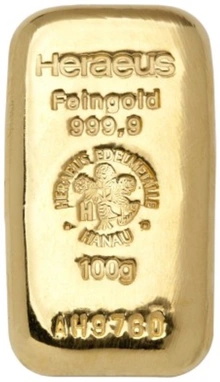 Heraeus 100 Gram Gold Bullion Cast Bar