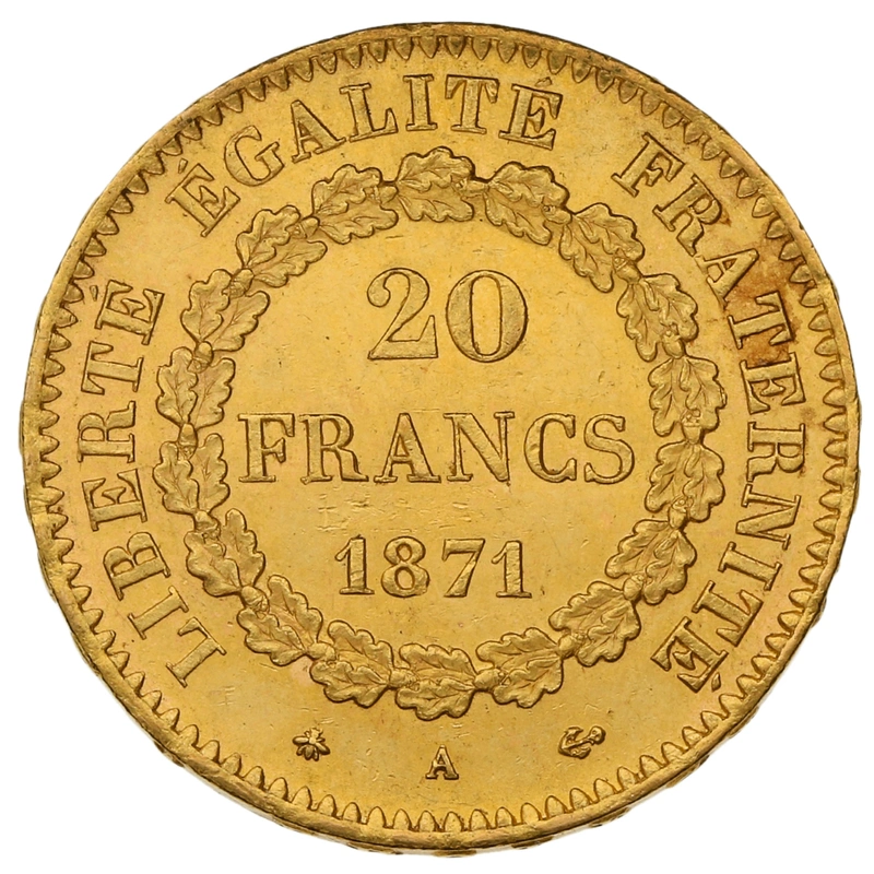 1871 20 French Francs Gold Coin Guardian Angel Genius A