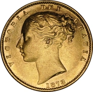 1873 Gold Sovereign - Victoria Young Head Shield Back- London