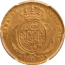 1859 Spanish 100 Reales Gold Coin Isabel II Barcelona PCGS MS64