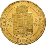 20 Franc 8 Forints Hungarian Franz Joseph I 1870-1892 KB