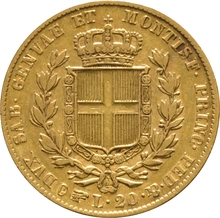 1834 Sardinian 20 Lire Gold Coin Carlo Alberto