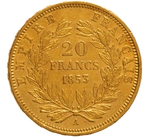 1853 20 French Francs Gold Coin Napoleon III A
