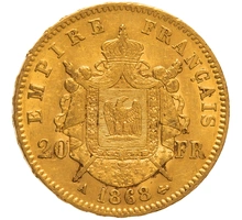 1868 20 French Francs Gold Coin Napoleon III A