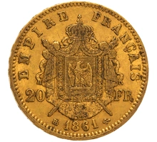 1861 20 French Francs Gold Coin Napoleon III BB