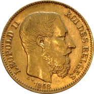 1867-1870 Belgian 20 Franc Gold Coin Leopold II Type 1