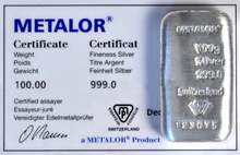Metalor 100 Gram Silver Bar
