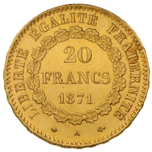 1871 20 French Francs Gold Coin Guardian Angel Genius A