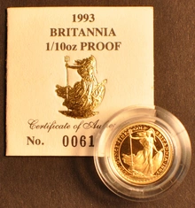 1993 Proof Britannia Tenth Ounce boxed with COA