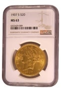 1907 $20 Double Eagle Liberty Head Gold Coin San Francisco NGC MS63