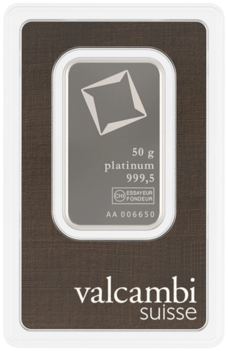 Valcambi 50 Gram Platinum Bar | BullionByPost - From $4,451