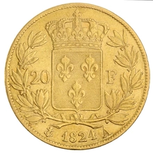 1824 20 French Francs Gold Coin Louis XVIII A