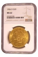 1906 $20 Double Eagle Liberty Head Gold Coin, Denver NGC MS62