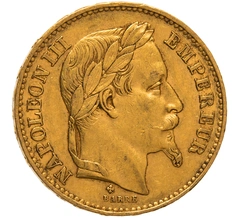 1870 20 French Francs Gold Coin Napoleon III BB