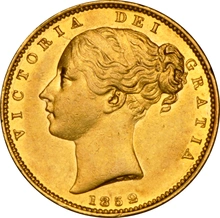 1852 Gold Sovereign - Victoria Young Head Shield Back- London NGC AU58