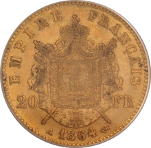 1864 20 French Francs - Napoleon III Laureate Head - A PCGS MS62