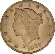 1907 $20 Double Eagle Liberty Head Gold Coin, Denver NGC MS64