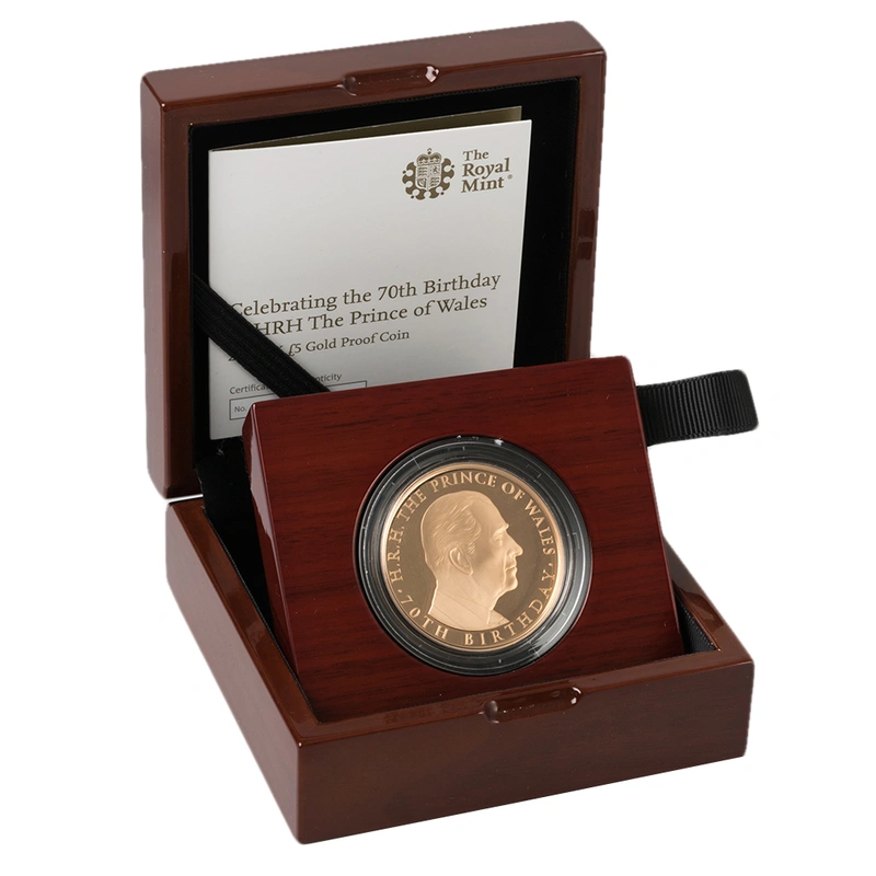 2018 - Gold £5 Proof Crown, Prince of Wales 70th Birthday Boxed