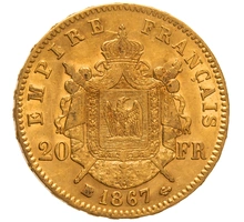 1867 20 French Francs Gold Coin Napoleon III BB