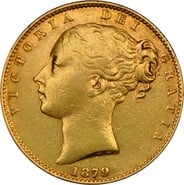 1879 Gold Sovereign - Victoria Young Head Shield Back- S