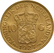 Dutch 10 Guilders Gold Coin Wilhelmina Old Head 1925-1933
