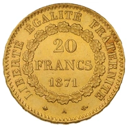 1871 20 French Francs Gold Coin Guardian Angel Genius A