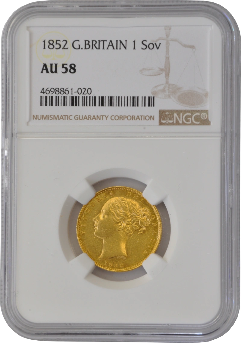 1852 Gold Sovereign - Victoria Young Head Shield Back- London NGC AU58