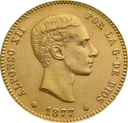 Spanish 25 Pesetas Gold Coin Alfonso XII Young Head