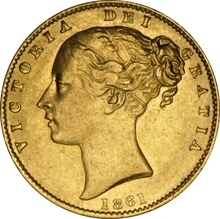 1861 Gold Sovereign - Victoria Young Head Shield Back- London