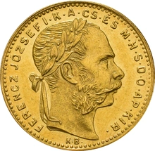 Hungarian 20 Franc 8 Forints Gold Coin Franz Joseph I 1870-1892 KB
