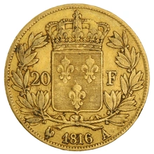 1816 20 French Francs Gold Coin Louis XVIII A