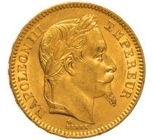 1865 20 French Francs - Napoleon III Laureate Head - BB