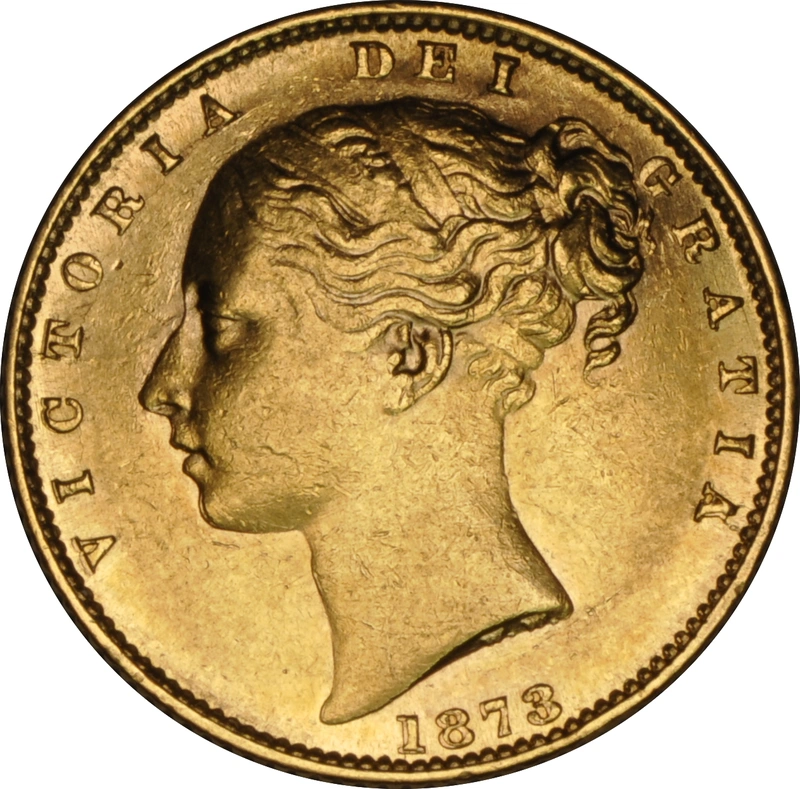 1873 Gold Sovereign - Victoria Young Head Shield Back- London