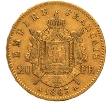 1863 20 French Francs - Napoleon III Laureate Head - A