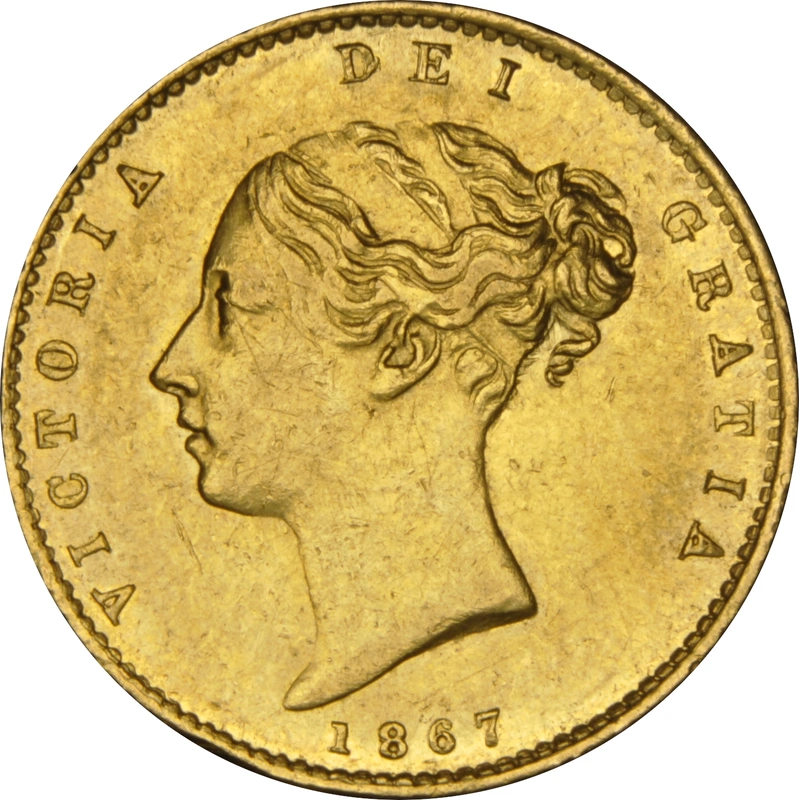1867 Half Sovereign Victoria Young Head Shield Back - London NGC AU58
