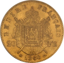 1866 20 French Francs Gold Coin Napoleon III Laureate Head BB PCGS