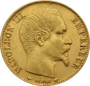 20 French Francs Gold Coin Napoleon III Bare Head