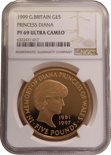 1999 - Gold £5 Proof Crown, Diana Princess of Wales Memorial NGC PF69