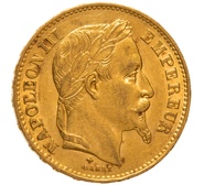 1869 20 French Francs - Napoleon III Laureate Head - BB