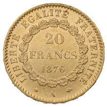 1876 20 French Francs Gold Coin Guardian Angel Genius A