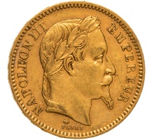 1863 20 French Francs - Napoleon III Laureate Head - A